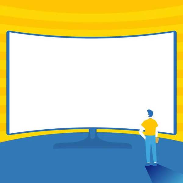 Man Standing Illustration Standing Infront Of Huge Display Monitor, Gentelman Watching Extra Large Projector Presentation Screen, Adult Next To Big Television. - Stok Vektor
