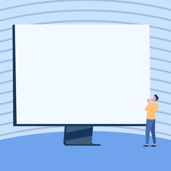 Man staande tekening op zoek naar grote monitor het verhogen van de hand Display Presenteren. Gentleman Design kijkt naar een grote computer Scherm Toon nieuwe informatie. — Stockvector