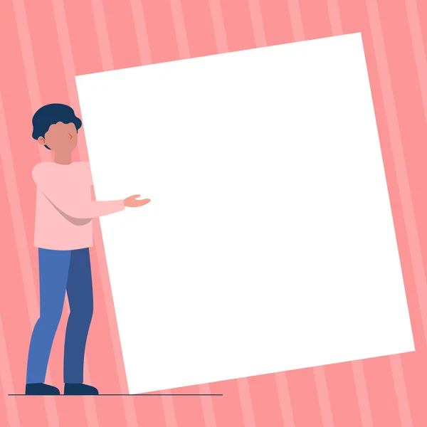 Man Standing Drawing Holding Presenting Huge Blank Paper. Gentleman Stands Carrying Large Empty Cardboard Displaying New Information. — Stock Vector