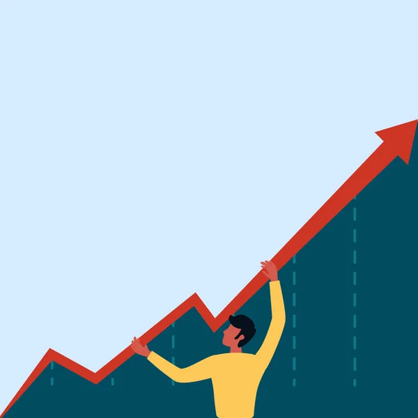 Man Standing Drawing Holding Graph Arrow Zeigt das Wirtschaftswachstum. Geschäftsmann Design steht, während Grabbing Diagramm zeigt Zunahme und Anstieg. — Stockvektor