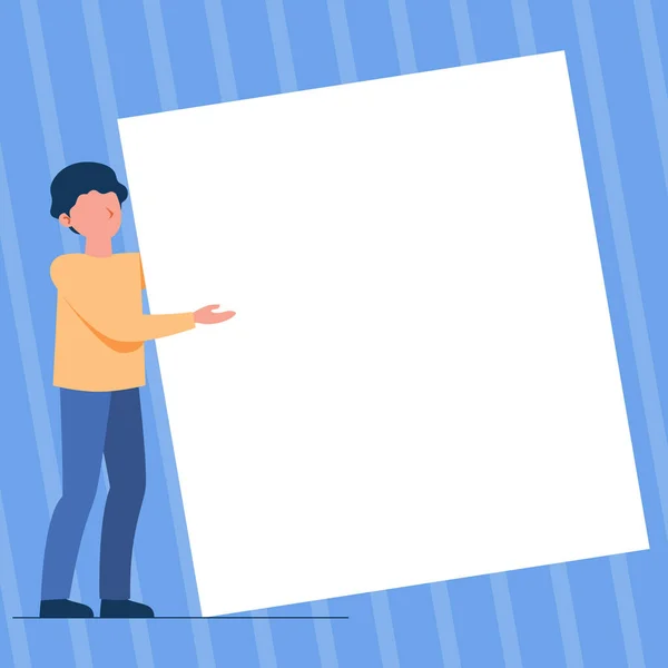 Man Standing Drawing Holding Presenting Huge Blank Paper. Gentleman Stands portant un grand carton vide affichant de nouvelles informations. — Image vectorielle