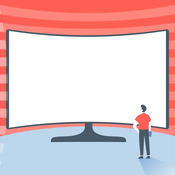 Man Standing Illustration Standing Infront Of Huge Display Monitor, Gentelman Watching Extra Large Projector Presentation Screen, Adult Next To Big Television. — Stockový vektor