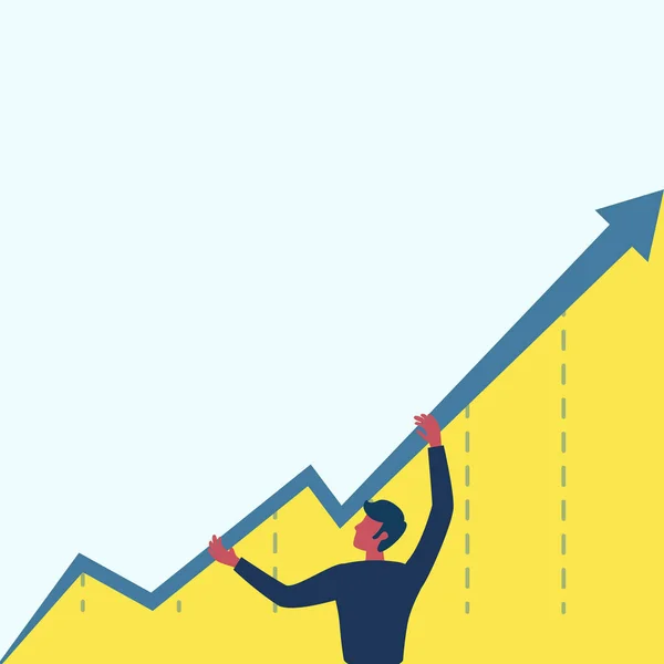 Man Standing Drawing Holding Gráfico Seta Mostrando crescimento do negócio. O projeto do empresário está enquanto o diagrama do gráfico de Grabbing exibe o aumento e a ascensão. — Vetor de Stock