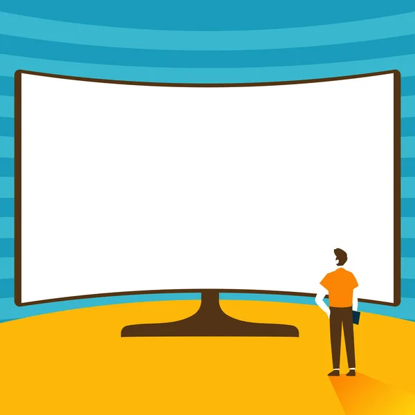 Uomo in piedi illustrazione in piedi davanti al monitor enorme, Gentelman Guardando schermo di presentazione del proiettore extra grande, adulto accanto alla grande televisione. — Vettoriale Stock
