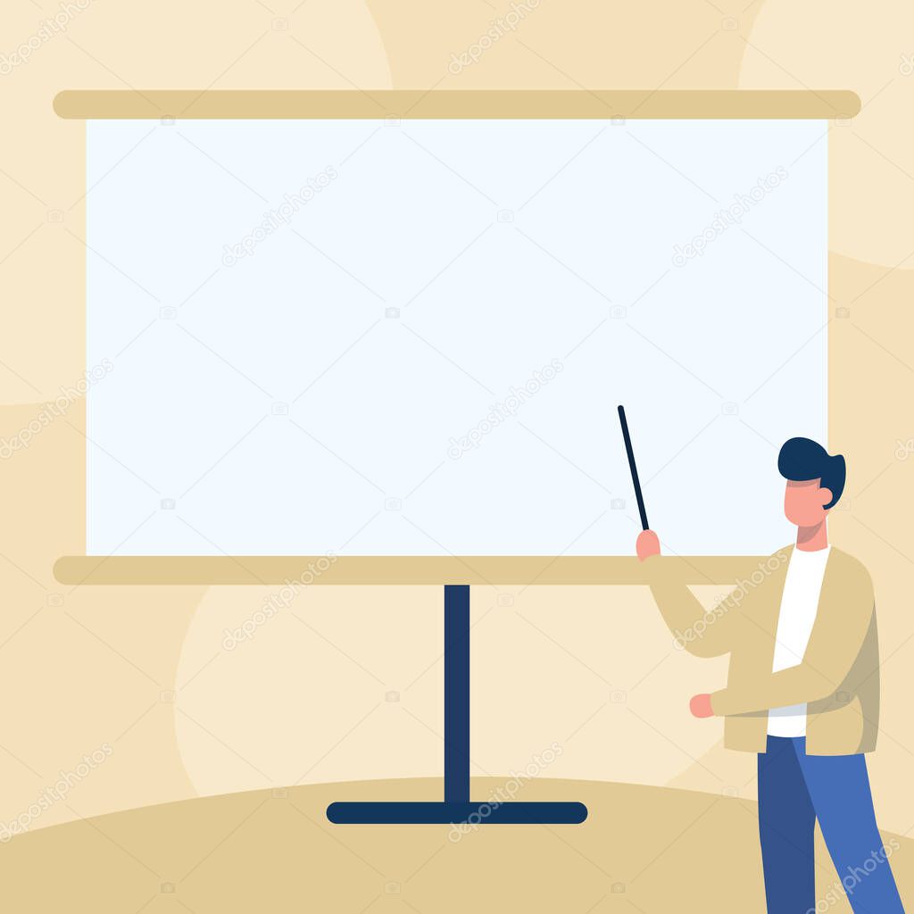 Teacher In Jacket Drawing Standing Pointing Stick At Blank Whiteboard Showing Message. Professor Design Points Towards Board Displaying New Lessons And Lectures.