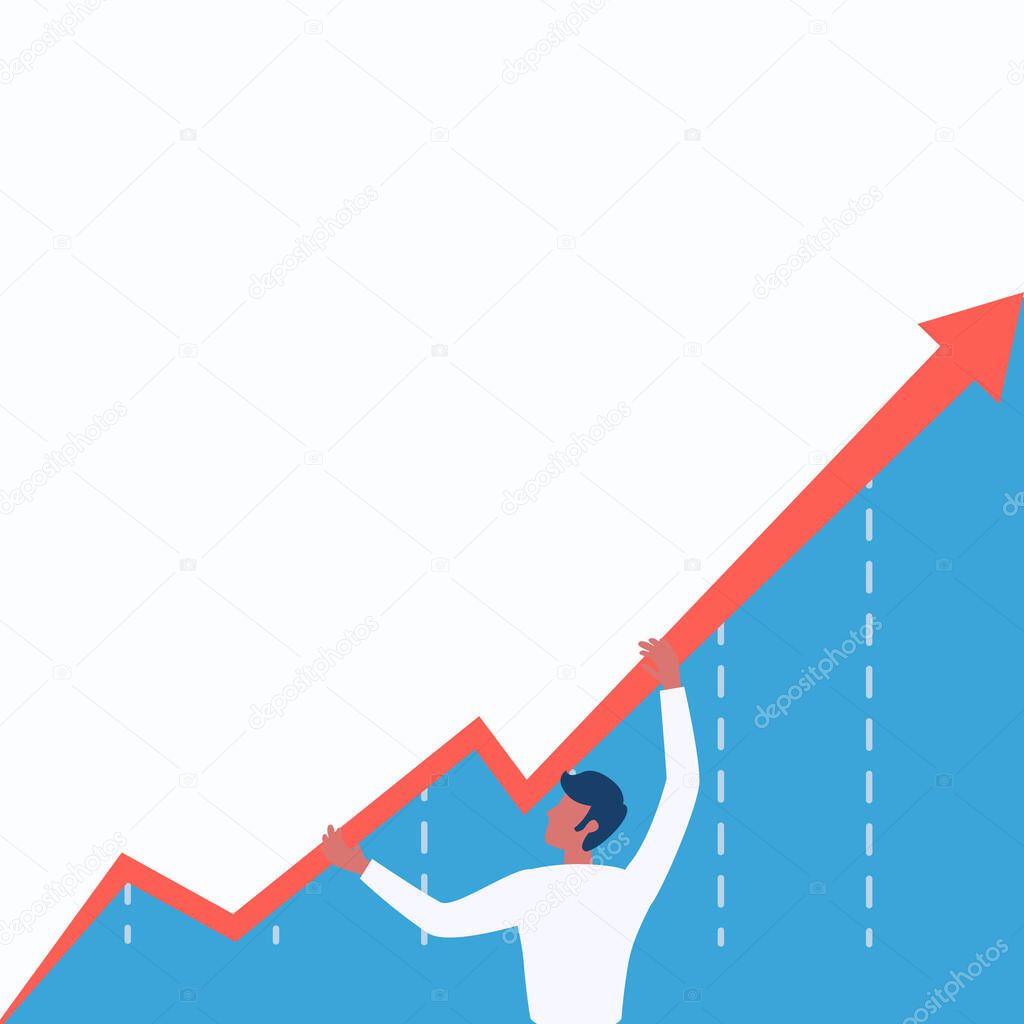 Man Standing Drawing Holding Graph Arrow Showing Business Growth. Businessman Design Stands While Grabbing Chart Diagram Displaying Increase And Rise.