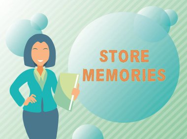 Mağaza Anılarını gösteren bir tabela. İş dünyası, daha önce elde edilen, önemli haberler, açıklama ve raporlama kavramını açıklayan, soyut veri giriş ve depolama sürecini gözler önüne seriyor.