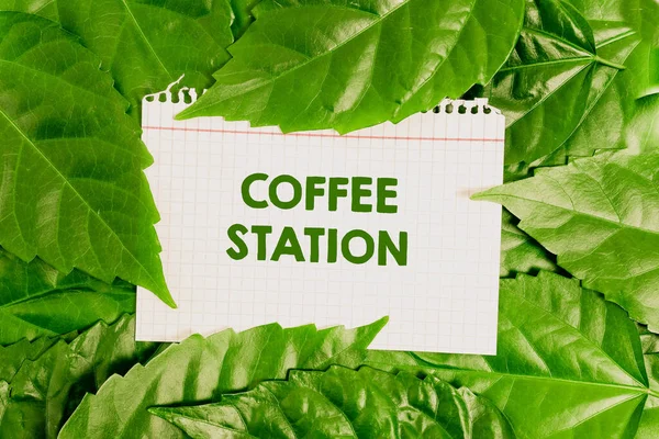 Inspirace ukazuje znamení Coffee Station. Obchodní přehlídka malé, neformální restaurace, která obvykle podává teplé nápoje Ochrana přírody nápady, Nové plány ochrany životního prostředí — Stock fotografie
