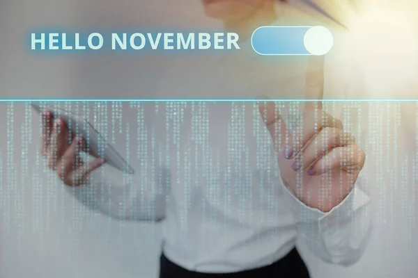 Writing displaying text Hello November. Concept meaning greeting used when welcoming the eleventh month of the year Inspirational business technology concept with copy space — Stock Photo, Image