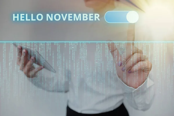 Schrijven met tekst Hallo November. Concept betekent begroeting gebruikt bij het verwelkomen van de elfde maand van het jaar Inspirerende business technology concept met kopieerruimte — Stockfoto