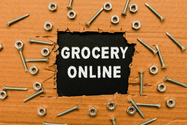 Inspiración mostrando signo Grocery Online. Palabra Escrito en la versión digital del supermercado aceptar pedidos en línea Planes de oficina inteligentes Desarrollo de la construcción y planificación de nuevo comienzo —  Fotos de Stock