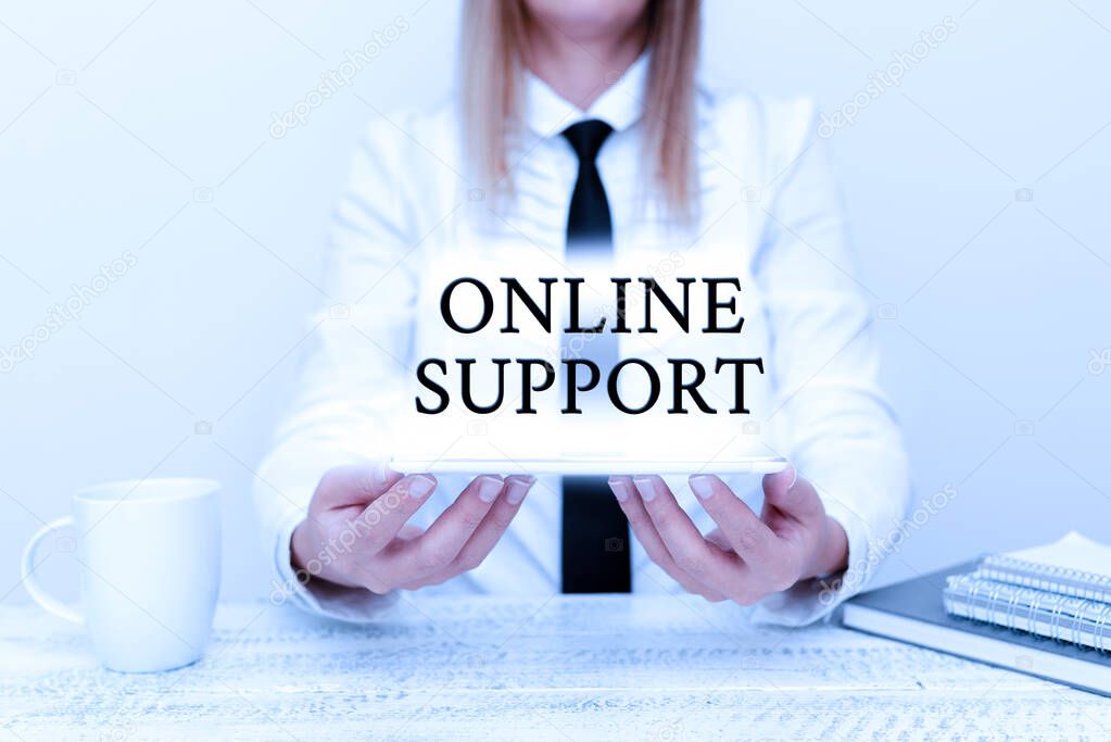 Hand writing sign Online Support. Word Written on range of services which helps in solving the buyer s is problem Intern Starting A New Job Post, Student Presenting Report Studies