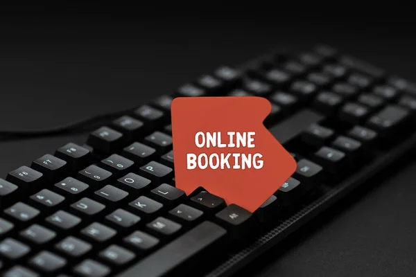 Sign displaying Online Booking. Word for allows consumers to reserve for activity through the website Typing Online Member Name Lists, Creating New Worksheet Files