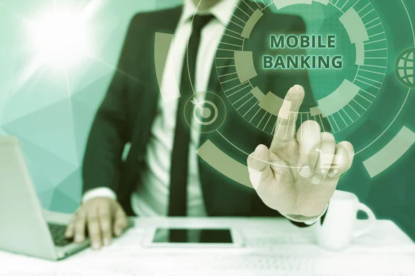 Handschrift Mobile Banking. Concept betekent het creëren van financiële transacties met het gebruik van smartphone Zakenman Zittende Bureau Laptop En Telefoon Wijzen Futuristische Technologie. — Stockfoto