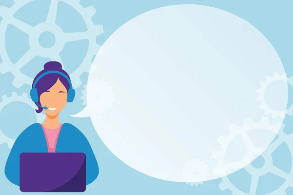 Lady Call Center Illustratie met koptelefoon en Computer Speech Ballon Toon bericht, Vrouw met behulp van laptop oortelefoons met conversatie Bubble Presentatie Uitleg. — Stockvector