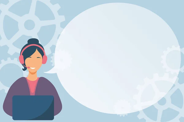 Lady Call Center Illustration With Headphone And Computer Speech Balloon Mearing Message, Woman Using Laptop Earphone With Conversation Bubble Presenting Explanation. — 스톡 벡터