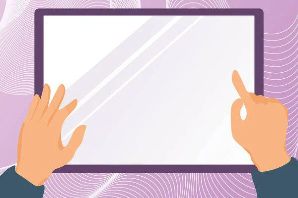 Illustrazione delle mani Disegno sullo schermo del tablet. Schermo di tenuta che mostra le informazioni. Palme Carring Monitor Toccando Nuovo Testo. — Vettoriale Stock