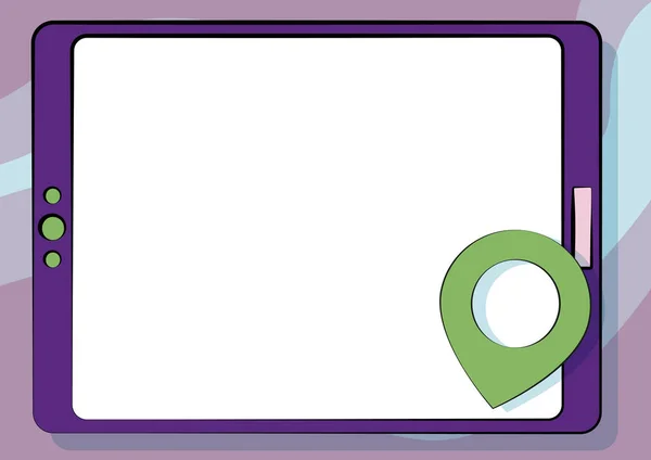 クリアタッチスクリーンと場所ピンでコンピュータタブレットの図面。空の画面表示と大きな点でポータブルデバイス図面 . — ストックベクタ
