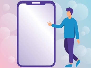 Yeni teknolojileri gösteren büyük bir telefonun yanında duran bir adam çiziyor. Centilmen Parmaklıyor Büyük Aygıt Ekranı Taze Teknoloji Gösteriyor.