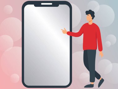 Yeni teknolojileri gösteren büyük bir telefonun yanında duran bir adam çiziyor. Centilmen Parmaklıyor Büyük Aygıt Ekranı Taze Teknoloji Gösteriyor.