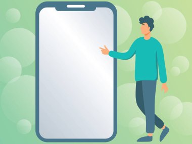 Yeni teknolojileri gösteren büyük bir telefonun yanında duran bir adam çiziyor. Centilmen Parmaklıyor Büyük Aygıt Ekranı Taze Teknoloji Gösteriyor.