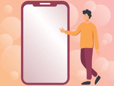 Yeni teknolojileri gösteren büyük bir telefonun yanında duran bir adam çiziyor. Centilmen Parmaklıyor Büyük Aygıt Ekranı Taze Teknoloji Gösteriyor.