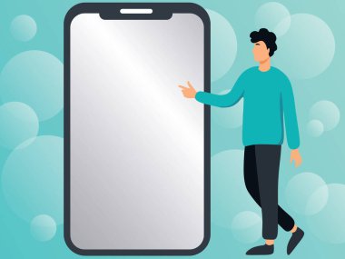 Yeni teknolojileri gösteren büyük bir telefonun yanında duran bir adam çiziyor. Centilmen Parmaklıyor Büyük Aygıt Ekranı Taze Teknoloji Gösteriyor.