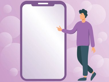 Yeni teknolojileri gösteren büyük bir telefonun yanında duran bir adam çiziyor. Centilmen Parmaklıyor Büyük Aygıt Ekranı Taze Teknoloji Gösteriyor.