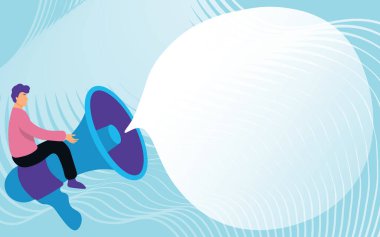 Binici Büyük Megafon Çizen Beyefendi Konuşma Baloncuğu Gösteriyor. Ses Yükselticisinde Oturan Adam Muhabbet Balonuyla Haberleri Sunuyor.