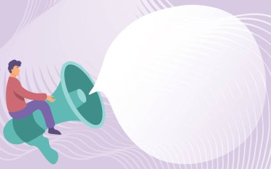 Binici Büyük Megafon Çizen Beyefendi Konuşma Baloncuğu Gösteriyor. Ses Yükselticisinde Oturan Adam Muhabbet Balonuyla Haberleri Sunuyor.