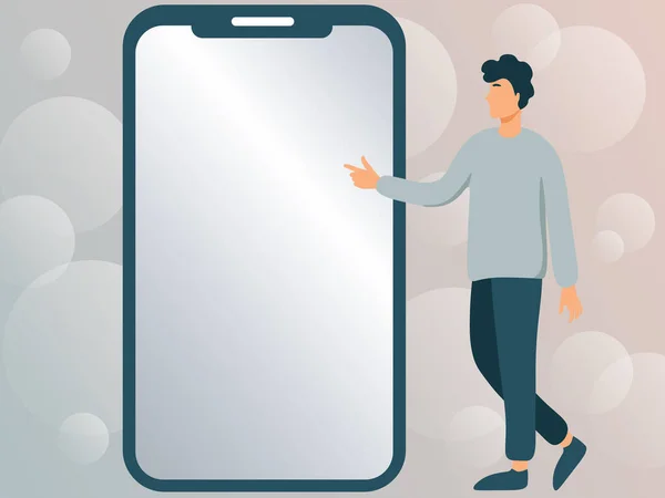 Hombre dibujando de pie junto a un teléfono grande señalando las nuevas tecnologías. Gentleman señala los dedos hacia la pantalla del dispositivo grande mostrando tecnología fresca. — Vector de stock