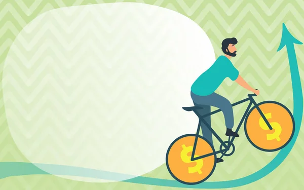 Hombre Dibujo Viajando Usando Bicicleta Con Dólar Muestra Ruedas Hacia Arriba. Joven atleta deportivo montar en bicicleta con el diseño de la rueda de la moneda hacia arriba. — Archivo Imágenes Vectoriales