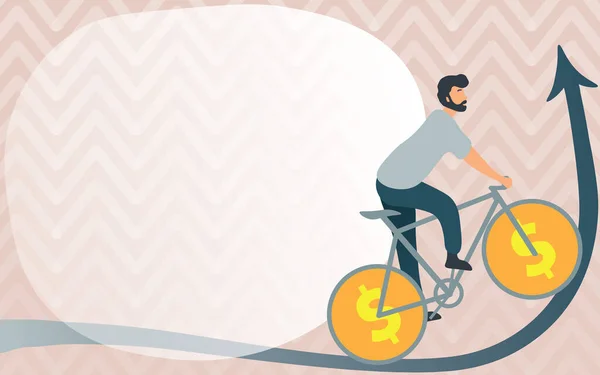사람 이 자전거를 타고 여행하면서 달러 사인 바퀴를 타고 위로 올라가다. 젊은 스 포오 츠 선수가 자전거를 타고 위로 올라가는 화폐 수레바퀴 설계. — 스톡 벡터