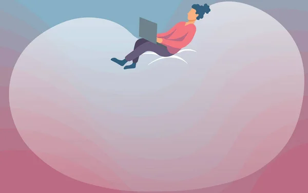 Lady Drawing sentada de nuevo en una bolsa de frijoles grande usando un ordenador portátil. Mujer relajante y acostada sobre una almohada de espuma grande mientras navega por la computadora portátil. — Vector de stock