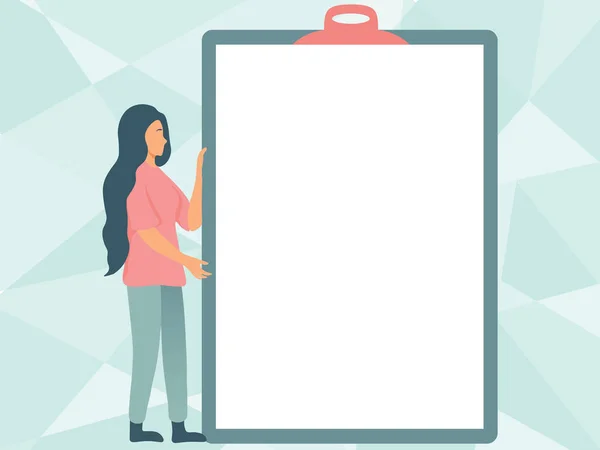 Woman Drawing Holding A Big Empty Clipboard Mostrando Novo Significado. Jovem Lady Grabbing Uma enorme almofada de escrita em branco Apresentando informações frescas. —  Vetores de Stock