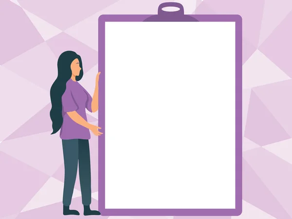 Woman Drawing Holding A Big Empty Clipboard Mostrando Novo Significado. Jovem Lady Grabbing Uma enorme almofada de escrita em branco Apresentando informações frescas. — Vetor de Stock