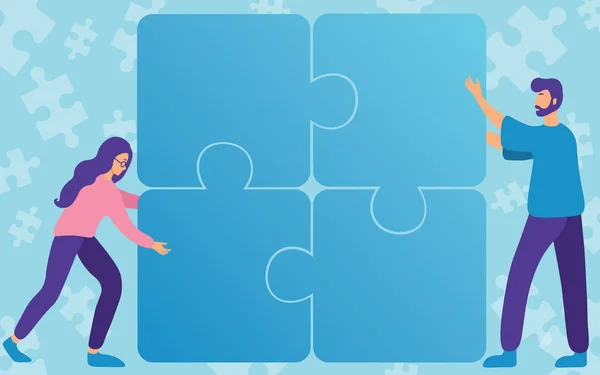 Collega 's die samen vier puzzelstukjes tekenen die samen Teamwork laten zien. Teamgenoten vinden aanwijzingen samen Weergave van teamsamenwerking. — Stockvector