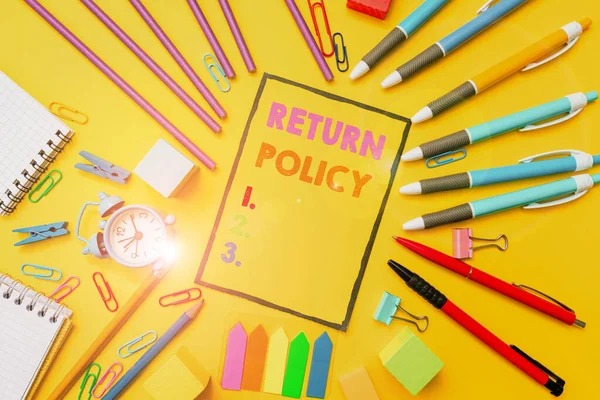 Znak tekstowy pokazujący politykę zwrotu. Pomysł na biznes Zwrot podatku Retail Terms and Conditions on Purchase Flashy School And Office Supplies Jasne nauczania i uczenia się zbiorów — Zdjęcie stockowe