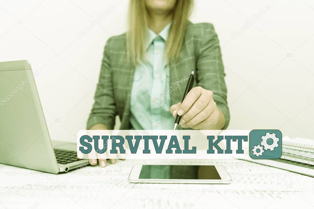 Conceptual display Survival Kit. Business approach Emergency Equipment Collection of items to help someone Architect Interviewing Client, Reporther Gathering Important Informations