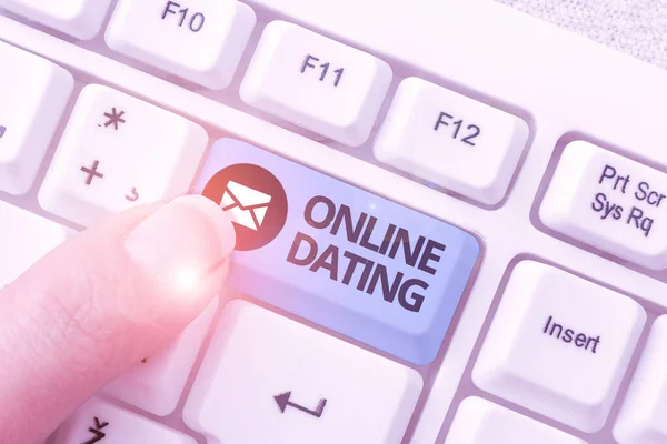 Text sign showing Online Dating. Word Written on Searching Matching Relationships eDating Video Chatting Typing Certification Document Concept, Retyping Old Data Files — Stock Photo, Image