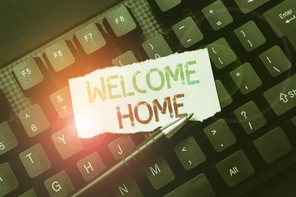 Conceptual caption Welcome Home. Business showcase Expression Greetings New Owners Domicile Doormat Entry Creating Online Journals, Typing New Articles, Making New Headlines — Stock Photo, Image