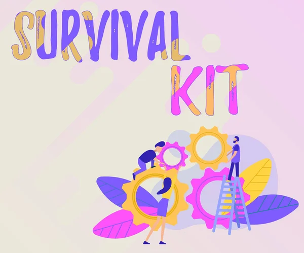 Tekst met inspiratie Survival Kit. Word for Emergency Equipment Verzameling van items om iemand te helpen Abstracte Helpen bouwen Gemeenschap, Samenleving Samenwerken Concept — Stockfoto