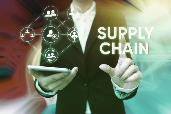 Conceptual display Supply Chain. Word Written on System of organization and processes from supplier to consumer Lady In Uniform Holding Phone Pressing Virtual Button Futuristic Technology.