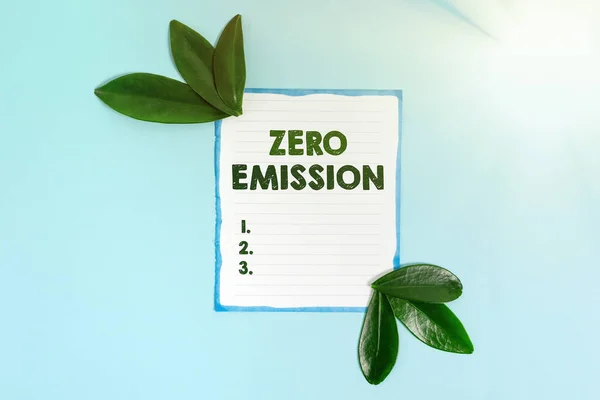 Handschriftliches Zeichen Zero Emission. Unternehmensübersicht bezieht sich auf einen Motor, der keine atmosphärischen Schadstoffe ausstößt — Stockfoto