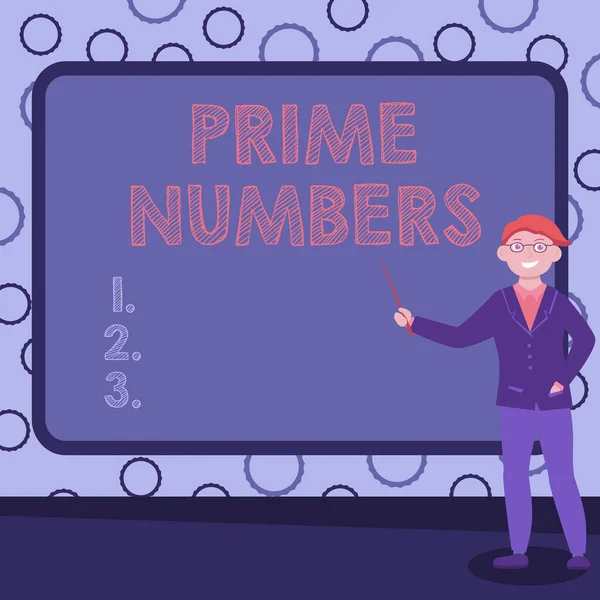 Testo che mostra ispirazione Prime Numbers. Idea di business un intero positivo contenente i fattori di uno e se stesso Professore astratto che tiene conferenze, spiega e riporta il concetto — Foto Stock