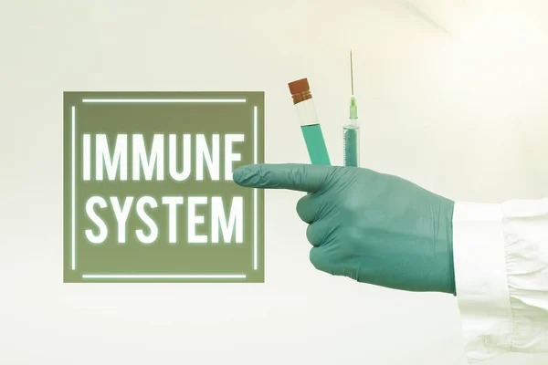 Знак, що відображає імунну систему. Слово, написане на комплексній мережі, працює разом, щоб захистити від мікробів Хімік, що представляє інфекцію Лікування, Доктор, що відображає вірусну вакцину — стокове фото