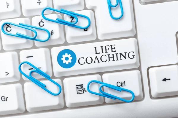 Text sign showing Life Coaching. Business showcase Improve Lives by Challenges Encourages us in our Careers Internet Browsing And Online Research Study Typing Your Ideas — Stock Photo, Image
