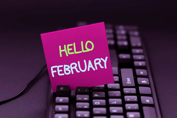 Jelzés megjelenítése Hello February. Internet Concept köszöntés az év második hónapjának köszöntésekor Számítógépes programozási szolgáltatások létrehozása, Új munkalap adatok begépelése — Stock Fotó