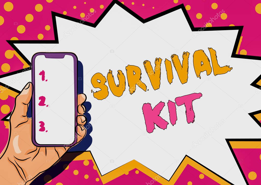 Inspiration showing sign Survival Kit. Business approach Emergency Equipment Collection of items to help someone Displaying Important Informations, Presenting Smartphone Annoucements