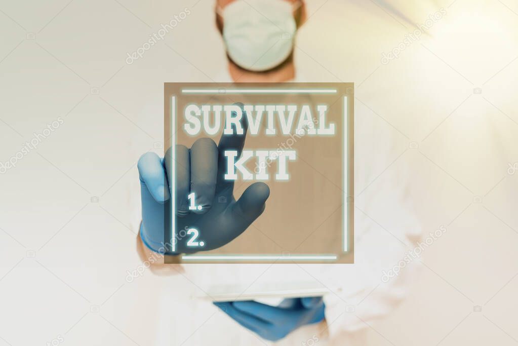 Hand writing sign Survival Kit. Business approach Emergency Equipment Collection of items to help someone Demonstrating Medical Technology, Presenting New Scientific Discovery